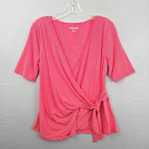 Lands' End Stripe Wrap V-Neck Short Sleeve Top Red White S New